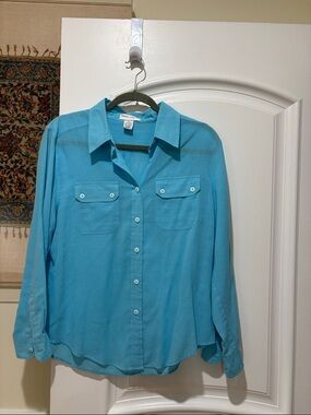 Draper’s & Damon’s Lightweight Turquoise Button-Up Shirt chest pockets Sz PL